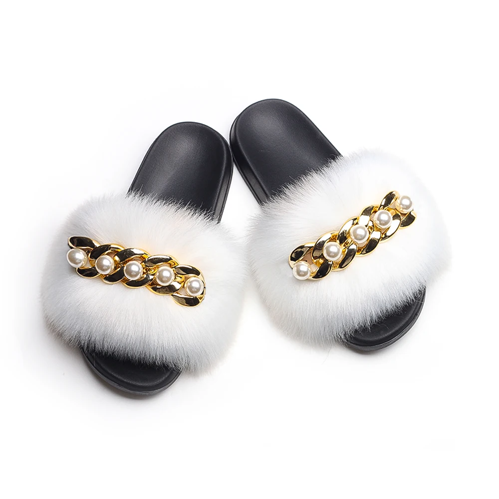 Fluffy Slippers Women Flip Flops Luxury Pearl Chain Faux Fur Slides Flat House Slippers Beach Summer Sandals Ladies Casual Shoes