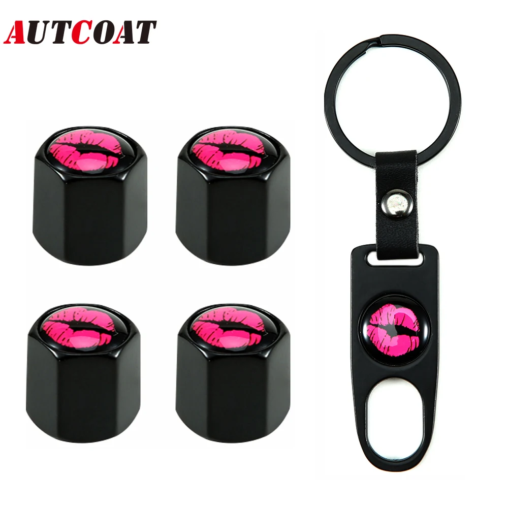 AUTCOAT 4Pcs/Set Classic Red Lips Anti-theft Chrome Car Wheel Tire Valve Stem Cap For Car/Motorcycle, Air Leakproof