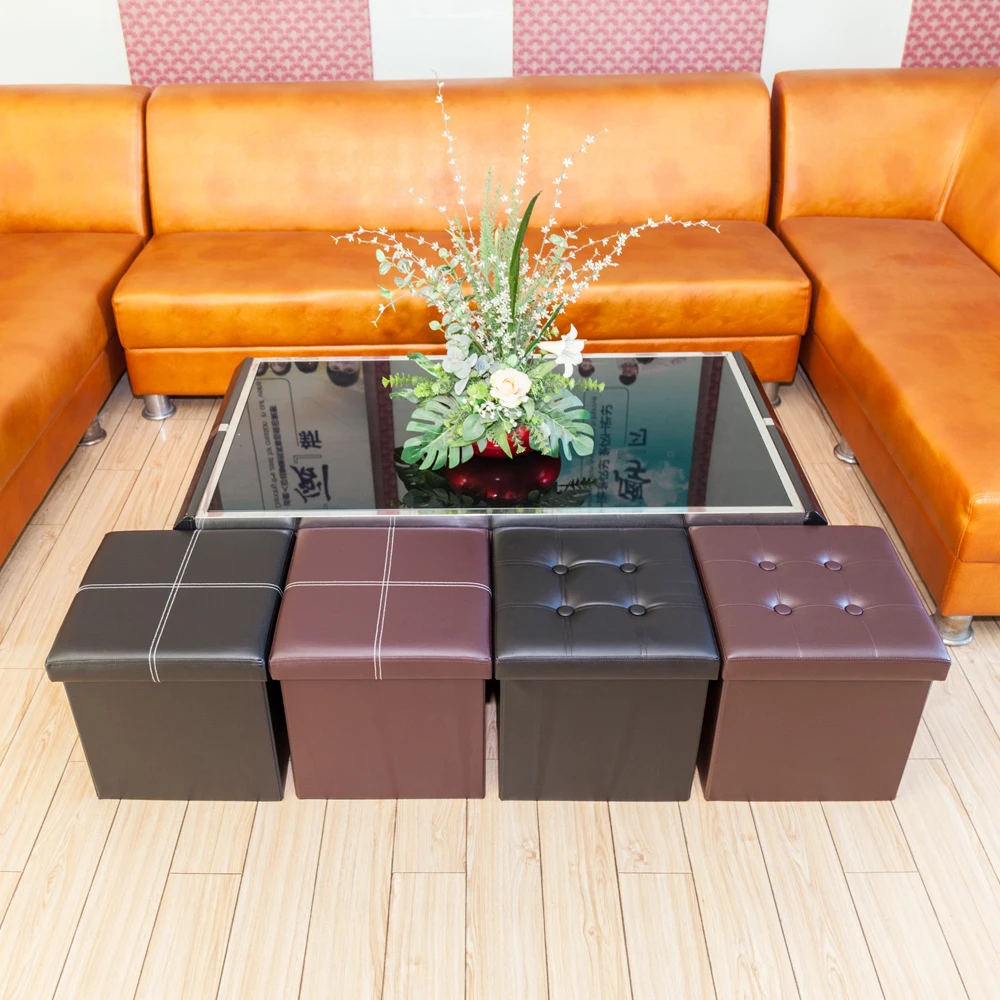 ottoman storage Storage Stool Space Saving Practical PVC Leather Square Shape Surface with Line Footstool Brown - US Stock
