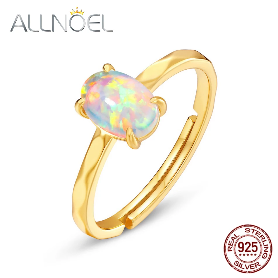 ALLNOEL 925 Sterling Silver Resizable Rings For Women Synthetic Opal Gold Plated Elegant Simple Style Classic Fine Jewelry Gifts