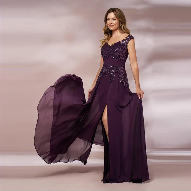 Lindo vestido roxo de chiffon com fenda lateral alta, vestido de mãe da noiva, mangas pura, pescoço do barco, aplique para festa de casamento, 2021