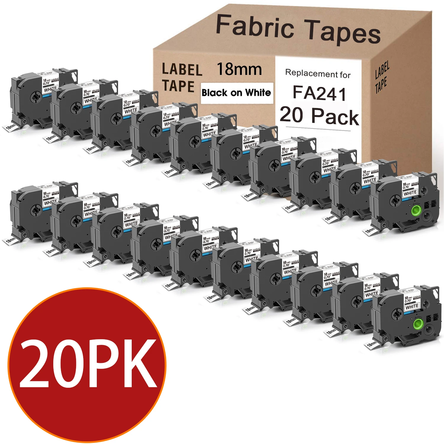 

20PK Fabric Tape FA241 Compatible for Brother FA241 Fabric Iron on Label 18mm Black on White Replace for Brother P Touch PT-D400