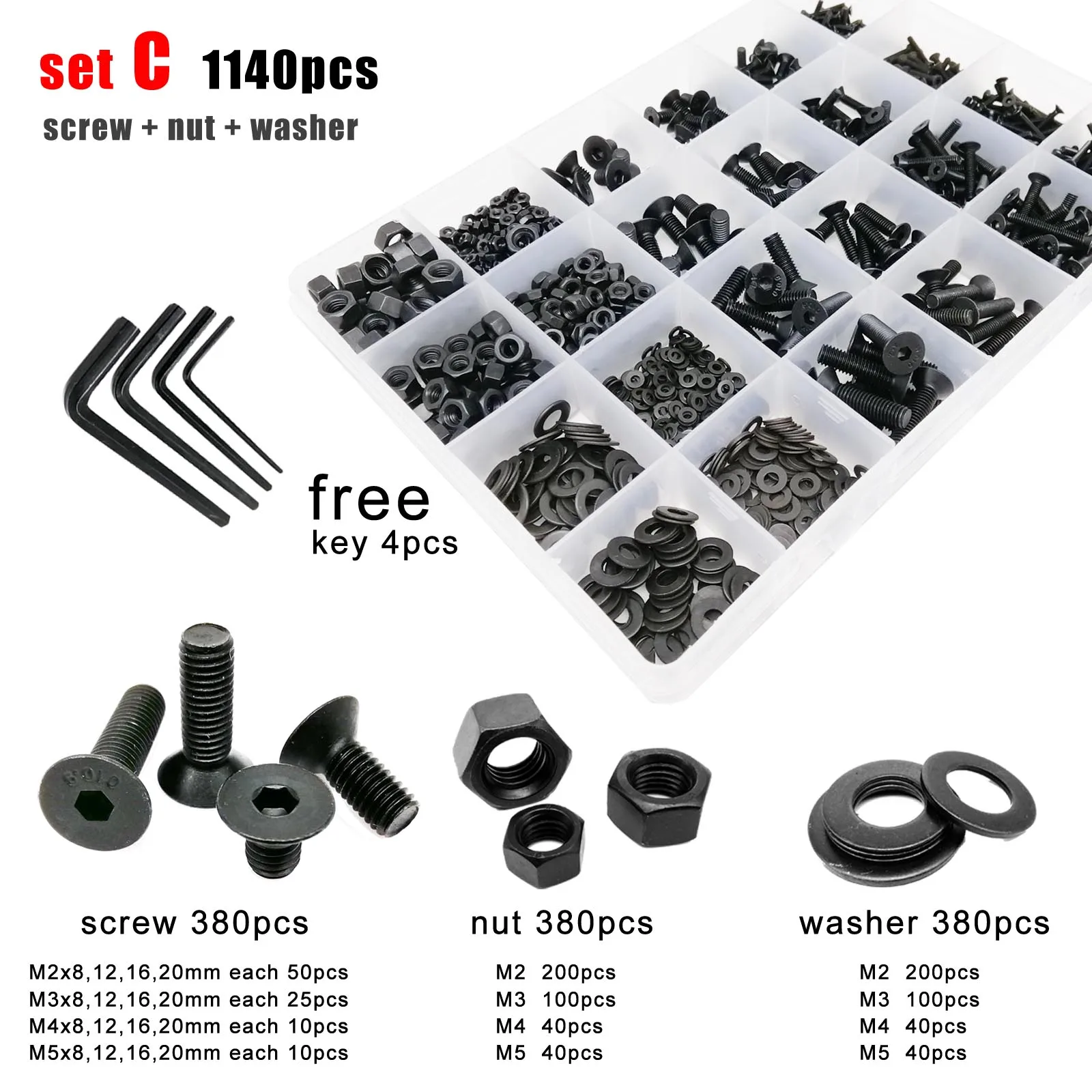 400/2100 M1.6 M2 M2.5 M3 M4 Black Grade 10.9 Steel Hexagon Hex Socket Flat Countersunk Head Screw Bolt Nut Washer Assortment Kit