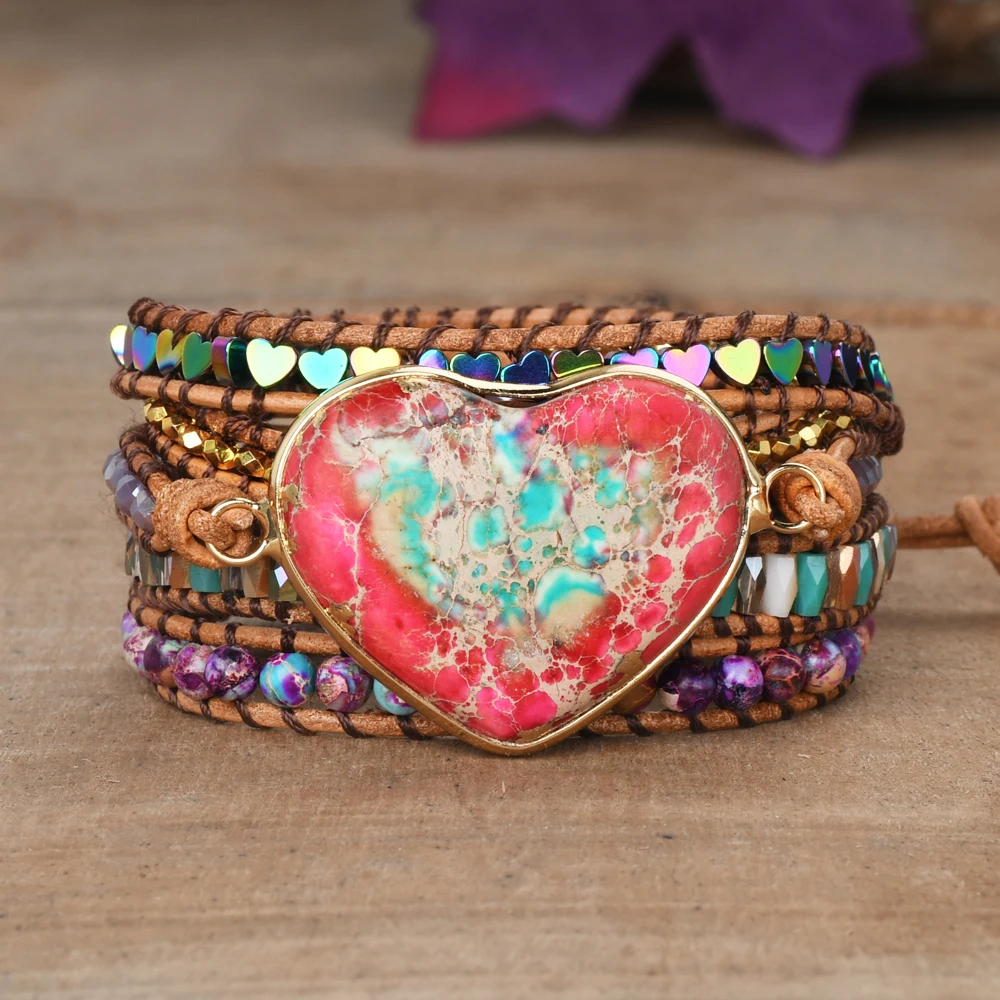 

Romantic Heart Sea Sediment Jasper Wrap Leather Bracelet Imperial Jasper Beaded Charm Bracelet Energy Healing Jewelry for Women