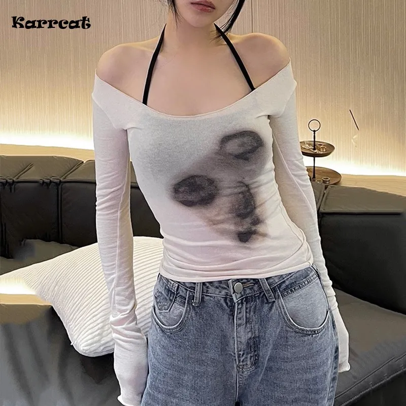 Karrcat Sexy See Through Mesh Tops Thin Slim Semitransparent Top Tie Dye Grunge Aesthetic T-shirts Women Chic Clubwear Graphic