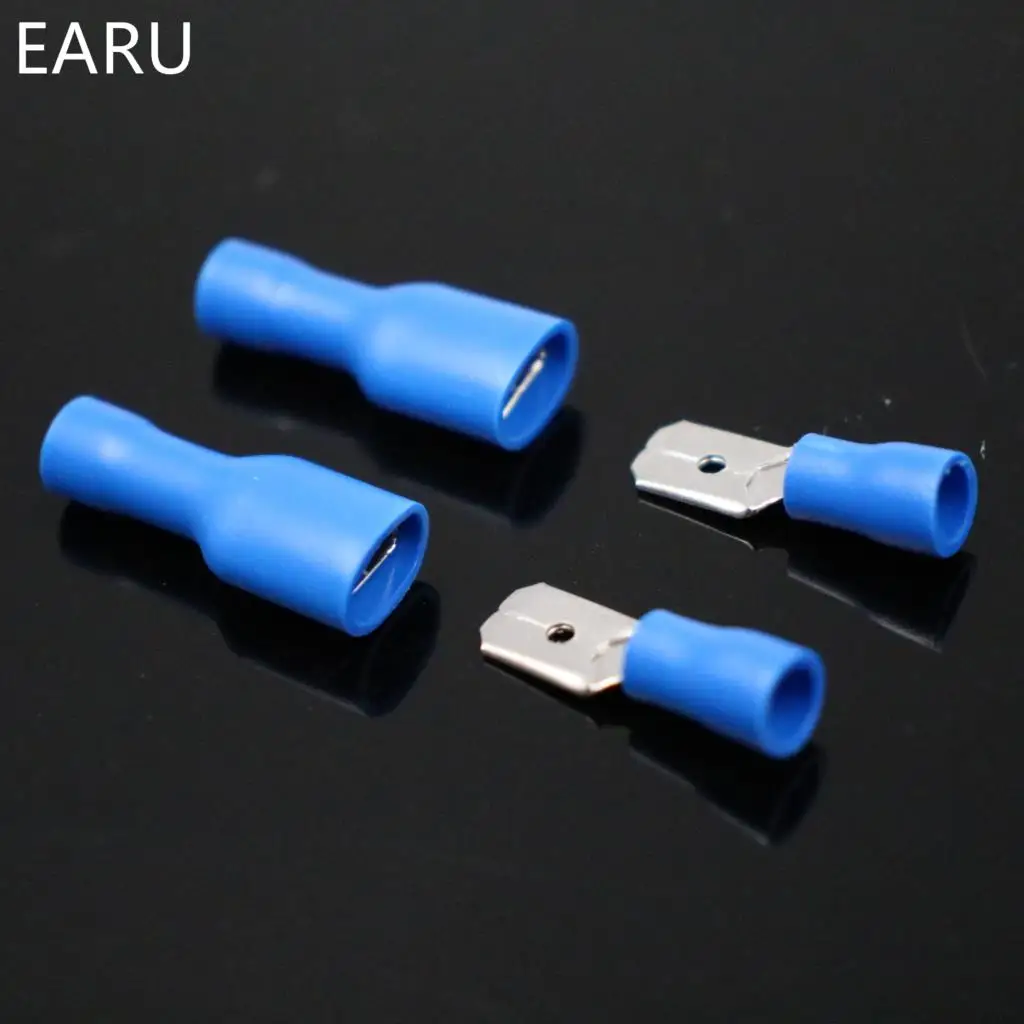 100pcs 50pairs 6.3mm 16-14AWG Female Male Electrical Wiring Connector Insulated Crimp Terminal Spade Blue FDFD2-250 MDD2-250