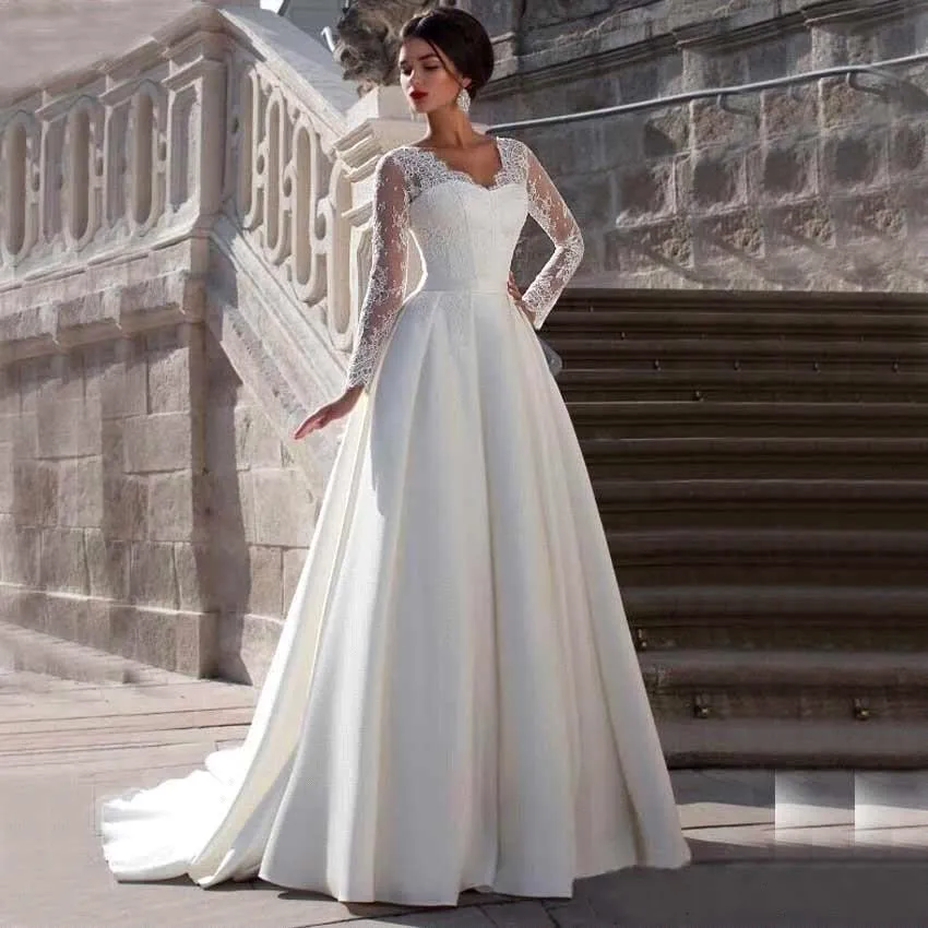 Vestido de novia de satén con apliques de encaje modesto, corte en A, cuello en V, espalda transparente, manga larga para mujer, bata de princesa