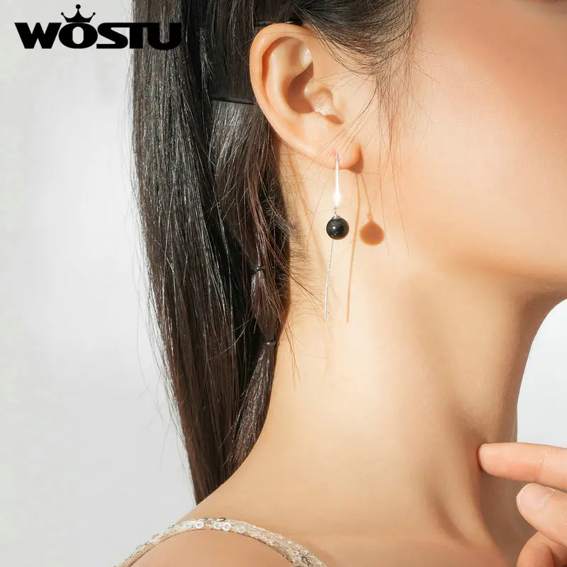 

WOSTU Настоящее серебро 925 пробы Стильные черные каменные серьги в форме капли для женщин длинные серьги ювелирные украшения подарок CQE878