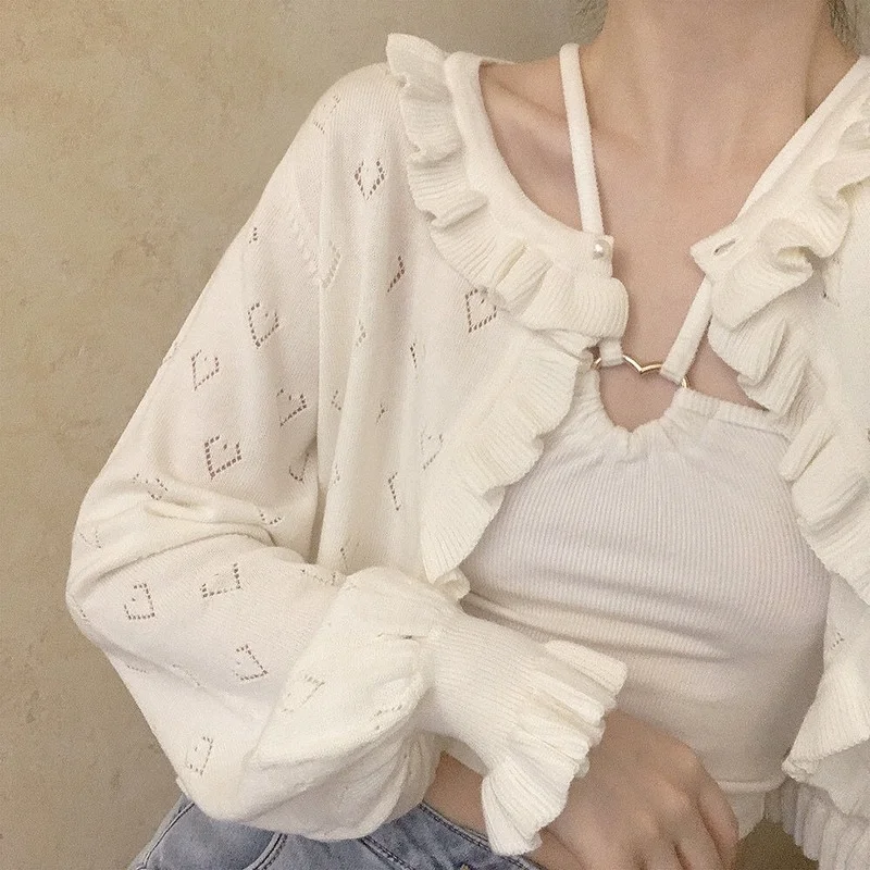 Cardigan Women White Design Sweet Girlish O-Neck Puff Sleeve Casual Open Stitch Spring Popular Ulzzang Stylish Femme Loose Chic