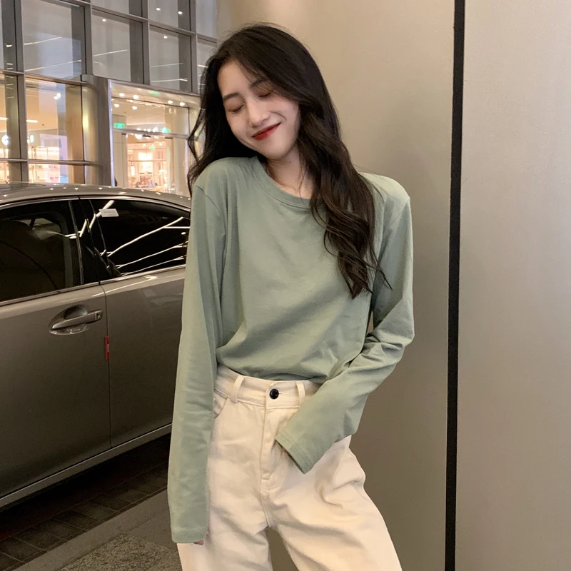 9 Candy Colors 2021 autumnKorean style basic cotton long sleeve t shirts womens tops tee shirt femme(C6571)