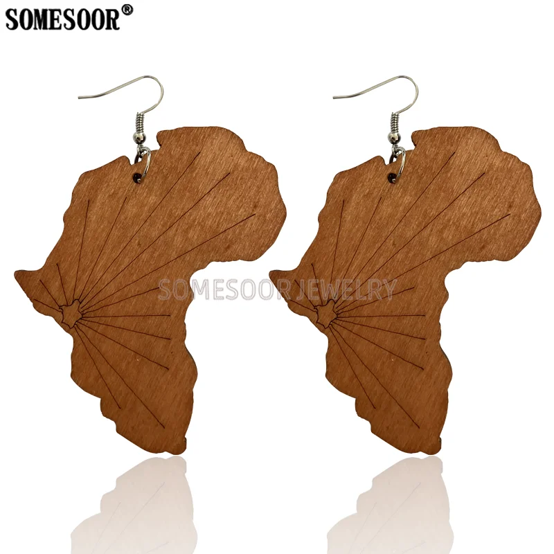 SOMESOOR Laser Cutting African Map Creative Radial Carving High Quality Wooden Drop Earrings For Afro Women