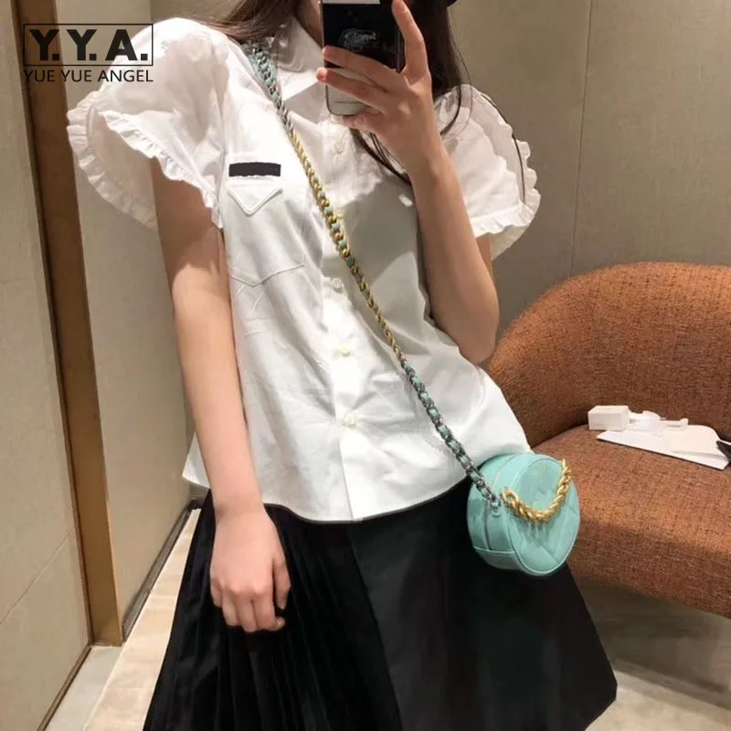 Preppy Style Sweet White Shirt Female Ruffle Short Sleeve Blouse Fashion Loose Fit Cotton Tops Casual Women Lapel Solid Shirts