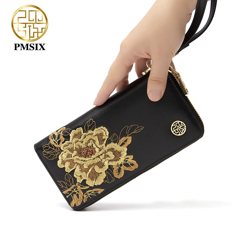 PMSIX Fashion Women Wallets Long Embroidery Genuine Leather Wallet Female Zipper Clutch Coin Purse Ladies Wristlet 2021