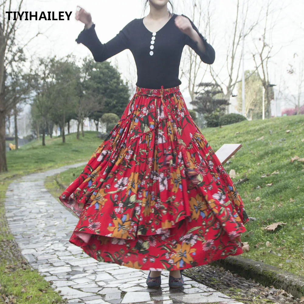 TIYIHAILEY Free Shipping 2021 New Long Maxi A-line Elastic Waist Women Cotton Linen Print Flower S-2XL High Quality Red Skirts