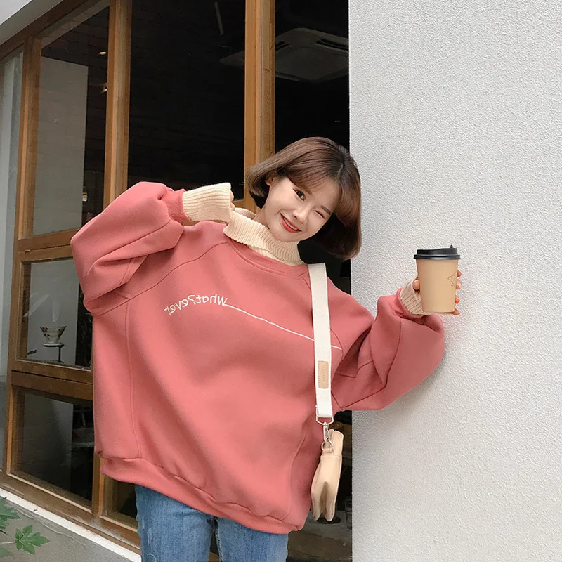Hoodies Women All-match Turtleneck Korean Style Casual Thicker Warm Hoodie Womens Loose Harajuku Tops Soft Letter Pullover New