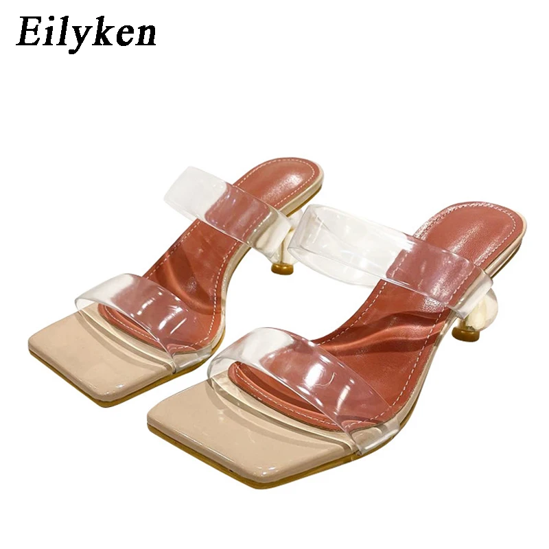 Eilyken 2024 New Summer Square Toe Ladies Slippers PVC Transparent Crystal Strange Style Clear Heel Women Leopard Grain Slides