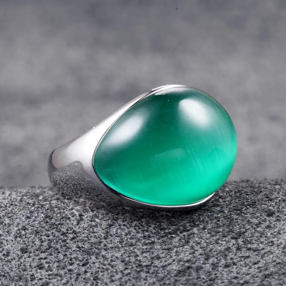Big Green Opal Cat\'s Eyes Gemstones Rings for Men Women Stainless Steel Unique Fashion Bands Accessories Sizes 7,8,9,10,11,12