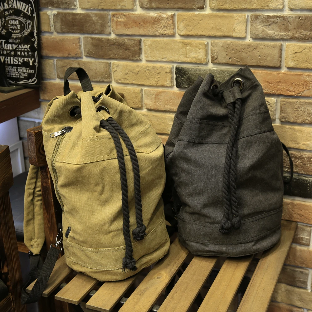 Mochila de gran capacidad con cordón para hombre, bolso de cubo de lona, escolar, conciso, a la moda, Unisex