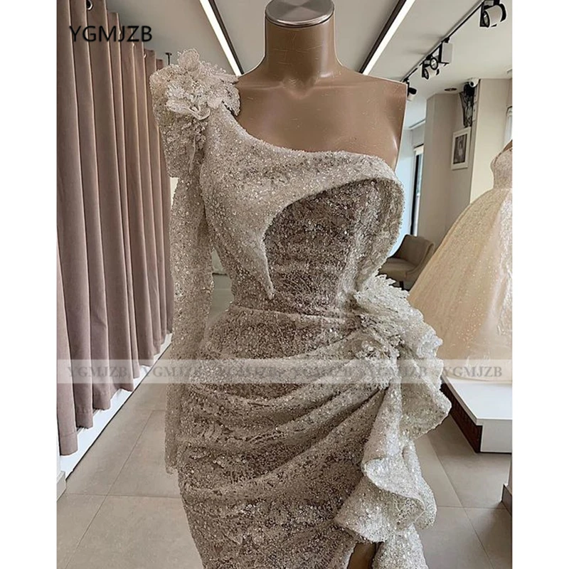 Sparkly Sequin Silver Evening Dresses 2024 Luxury Mermaid Long Single Sleeve High Slit African Women Formal Party Prom Gowns