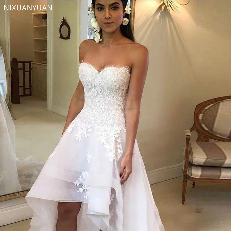 

Beach Wedding Dresses Sweetheart Appliques High Low Country Wedding Dress Bridal Gown Robe Mariage Vestido De Novia