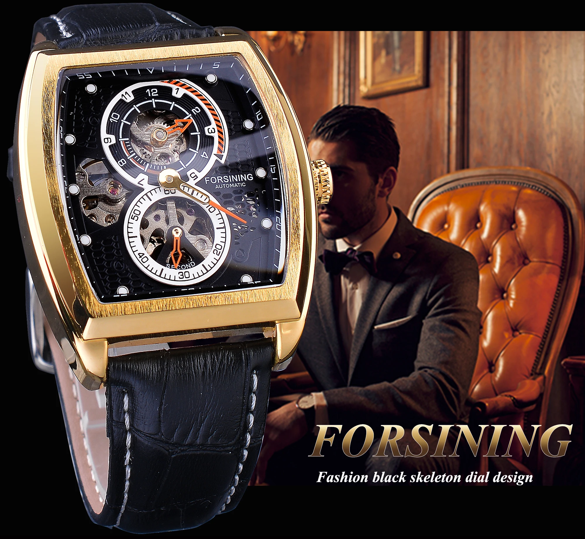 Forsining 2021 Fashion Two Dial Design Unique Watches For Mens Business Wearing Skeleton Automatic Mechanical Wrist Mens Watches