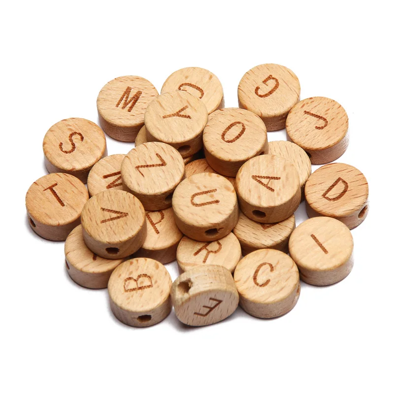 20Pcs/lot 10 15mm Mixed Letter Beech Wood Beads Round Flat Alphabet Loose Spacer Beads For Jewelry Making Handmade Diy Bracelet