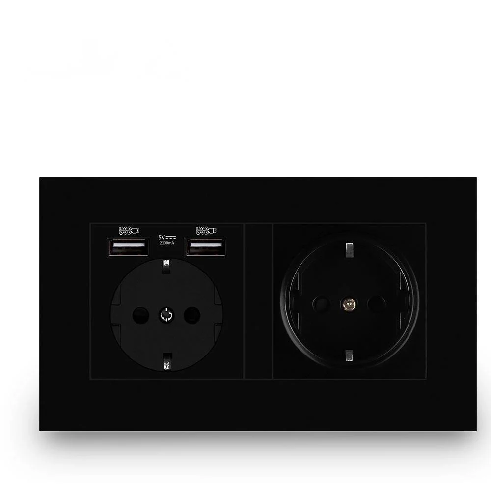 

Wall USB Power Outlet, Black panel charging interface, AC 110~250V 146mm * 86mm, 16A Double frame EU Standard USB socket