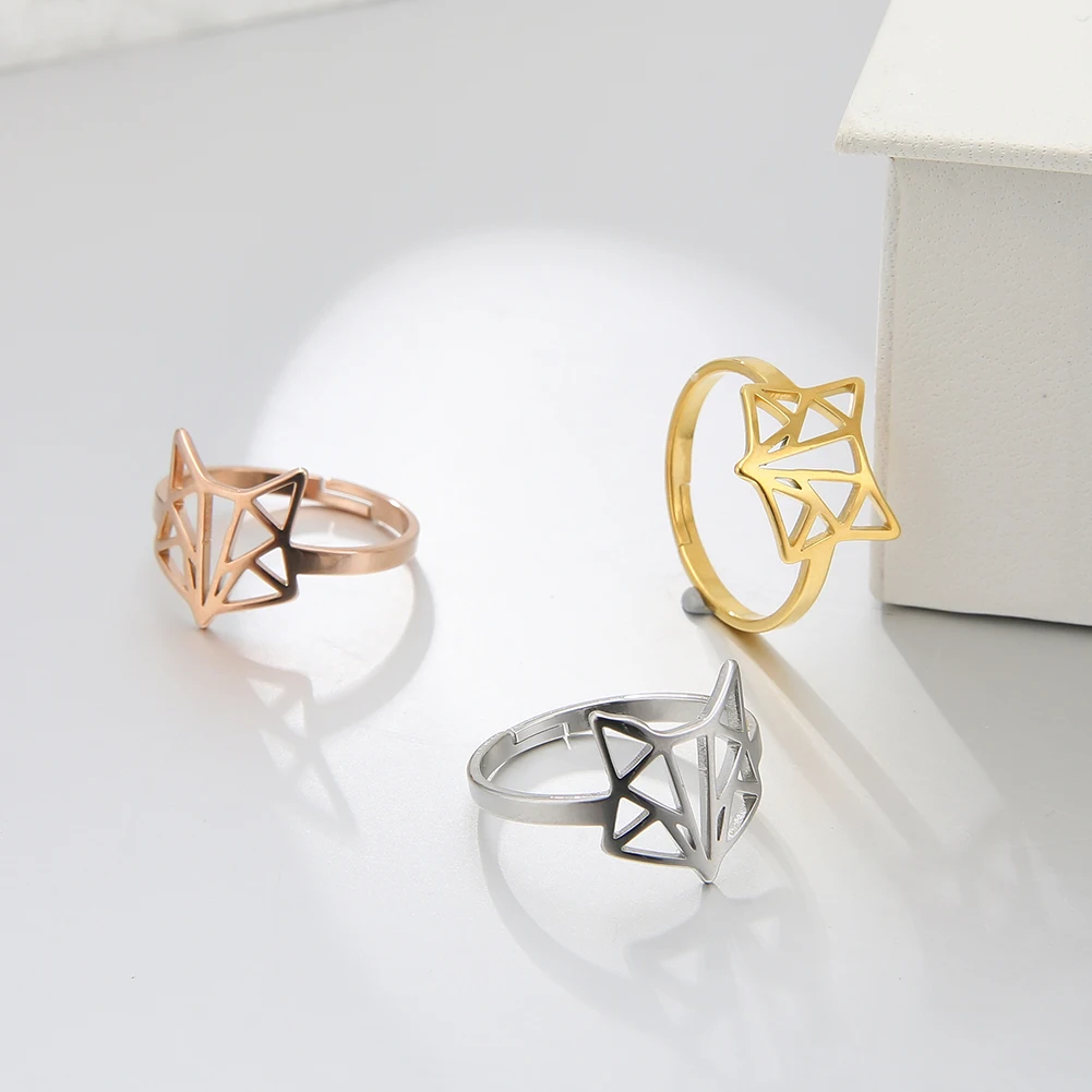 LIKGREAT Hollow Fox Ring Origami Animal Gold Color Stainless Steel Adjustable Rings Wedding Band Anniversary Gift for Women Men