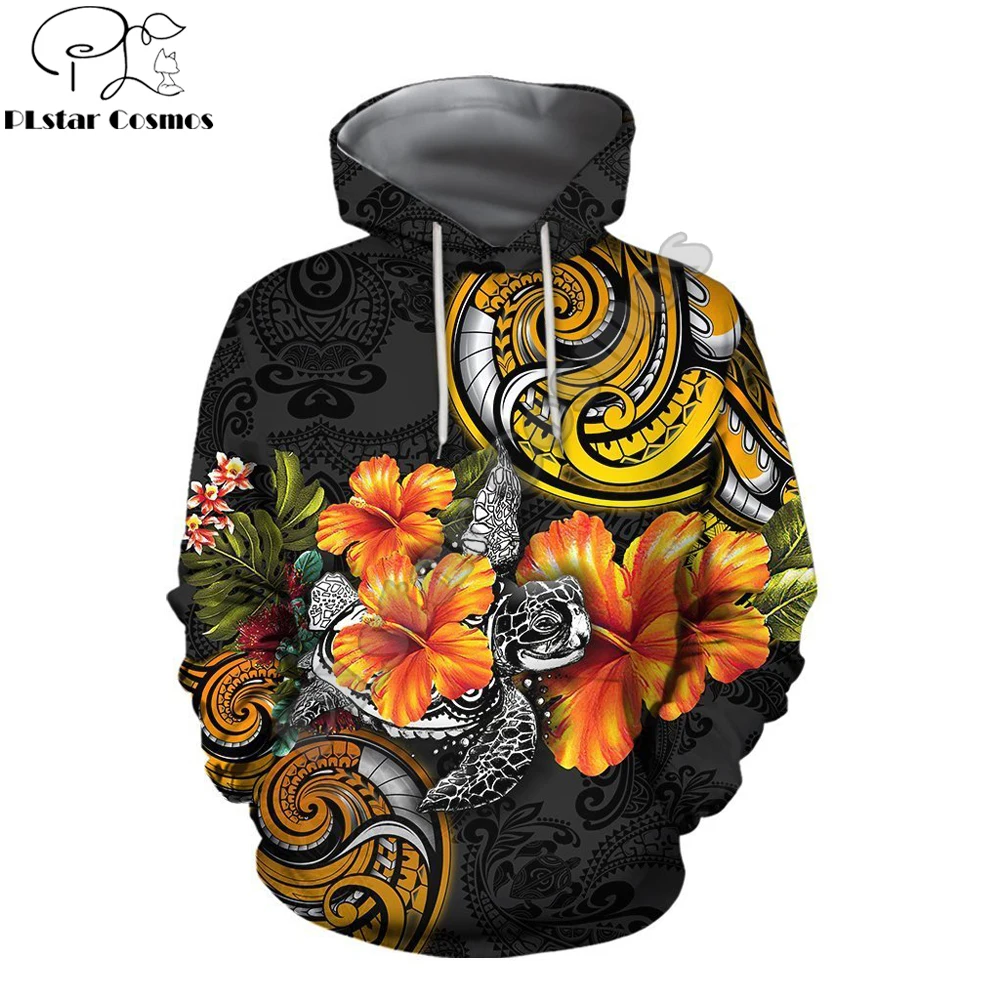 Pohnpei Amazing Polynesian Turtle Tattoo & Hibiscus 3D All Over Printed Unisex Zip Pullover Casual Harajuku Streetwear DW0410