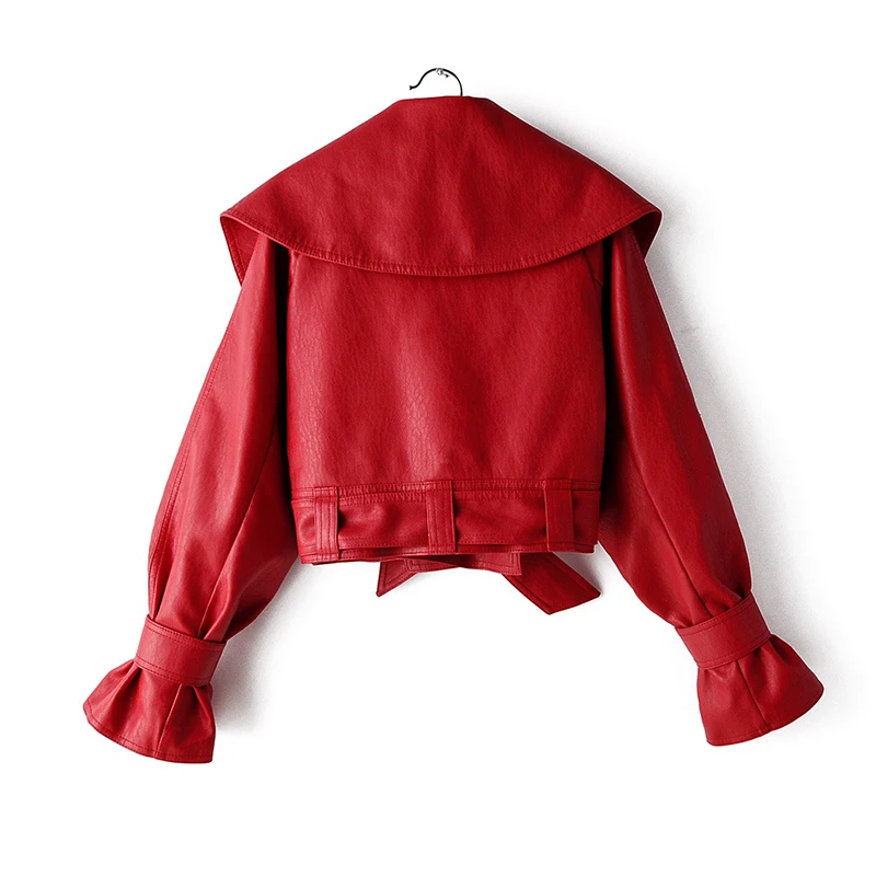 Chaqueta de cuero sintético para mujer, abrigo corto de manga acampanada, con solapa, color Beige, rojo y negro, para primavera y otoño