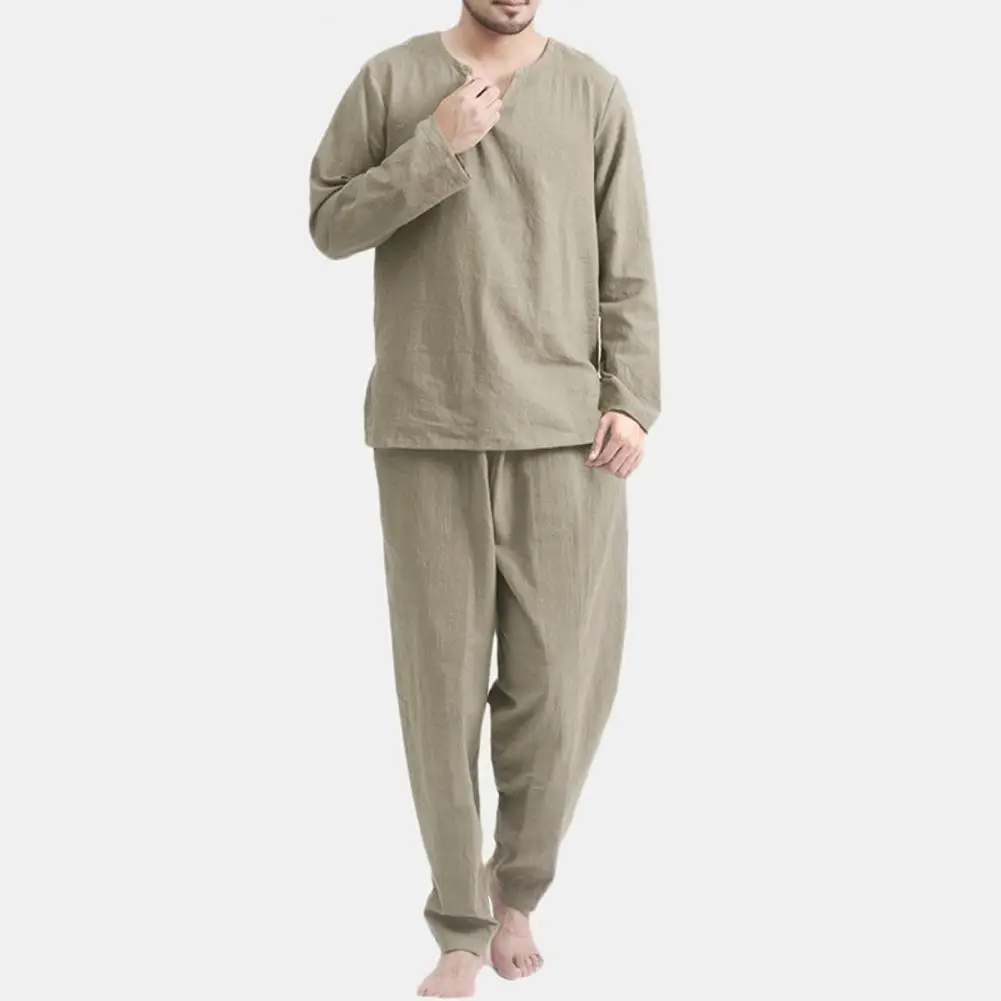 2pcs/Set Pajama Sets Men Solid Color Long Sleeve Pullovers Top Elastic Waist Pant Pijamas Male Sleepwear Nightwear pyjama homme