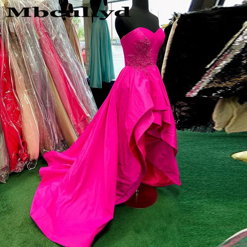 

Mbcullyd Fuchsia Satin Prom Dresses Long 2023 Sexy High Low Style Evening Party Gowns Applique Lace vestidos de fiesta de noche