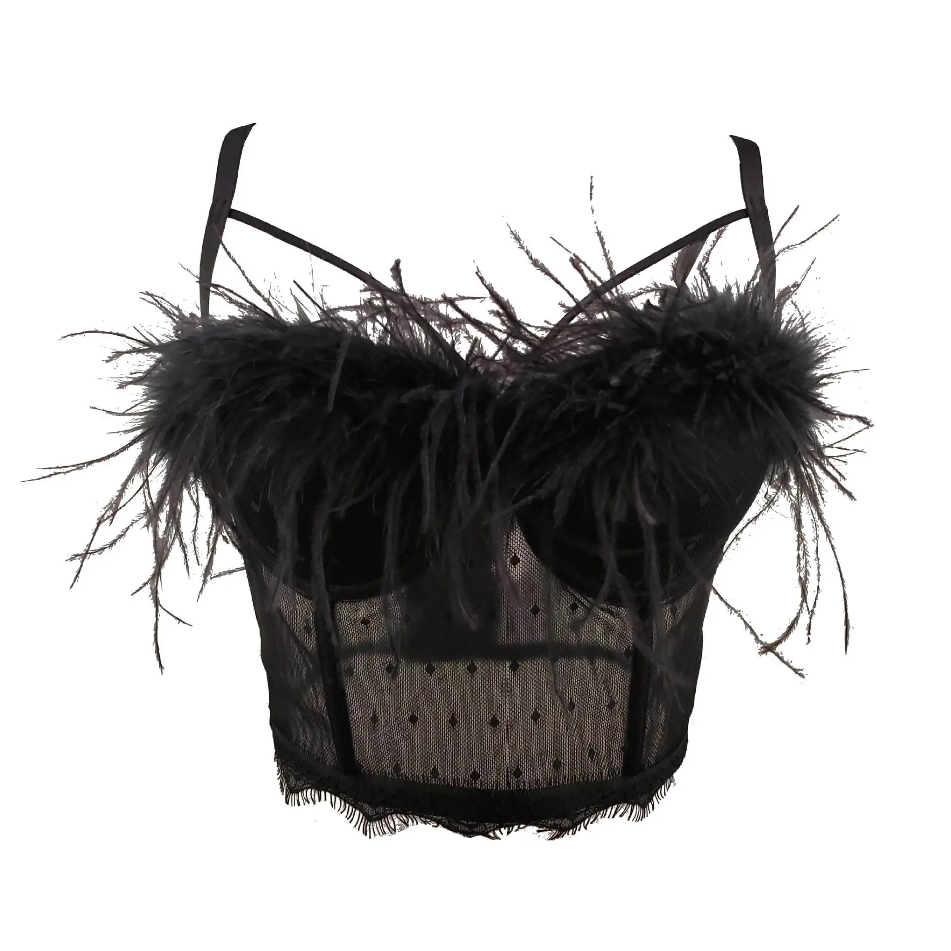 

Women Sexy Designer Feather Lace Mesh Black White Feathers Cotton Camisole Tops Summer 2021 Ladies Trendy Camis Crop Tops