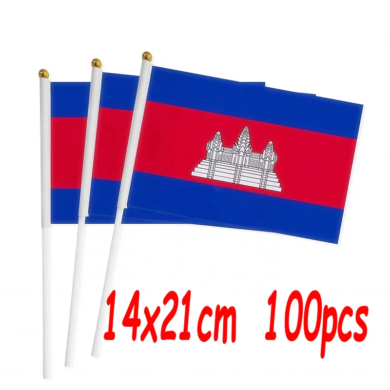 ZXZ 100pcs Cambodia hand Flag 14*21cm Polyester Double Side Printing CB KH Cambodia Hand waving Flag with plastic flagpole