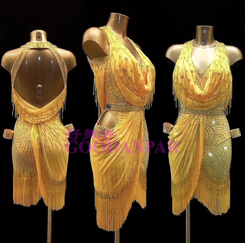 Latin dance dress women competition Latin dance costume Latin dress fringes  beads tube Rumba dress Sexy dance dress Yellow