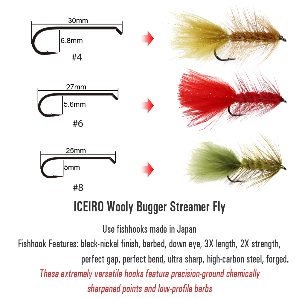 ICERIO 6PCS Woolly Bugger Streamers Fishing Fly Lures Olive Red Black Saltwater Fly Tying Hook Trout Flies Bait