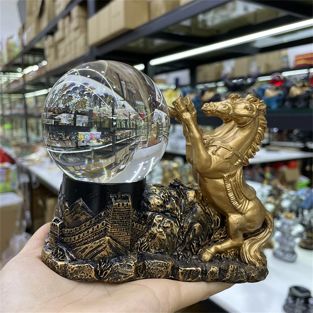 

Two Horses Galloping on The Great Wall Resin Statue Crystal Ball Base Lucky Wealth Fengshui Ornament Horse To Success Home Decor