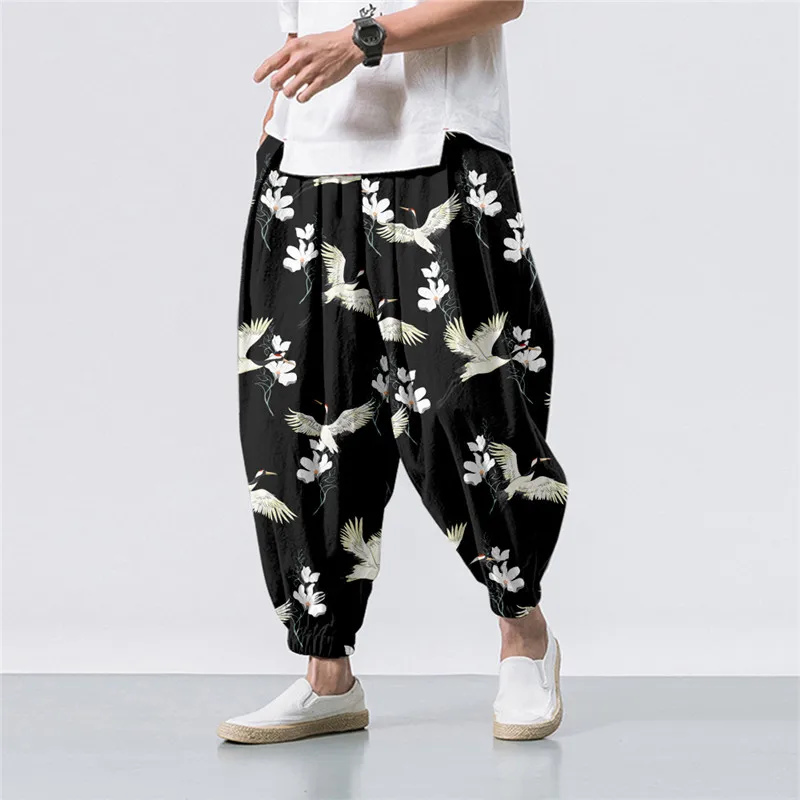 

Oversize 6XL Summer Floral Crane Printed Casual Beach Harem Pants Men Hip Hop Nine Points Trousers Jogger Sweatpants