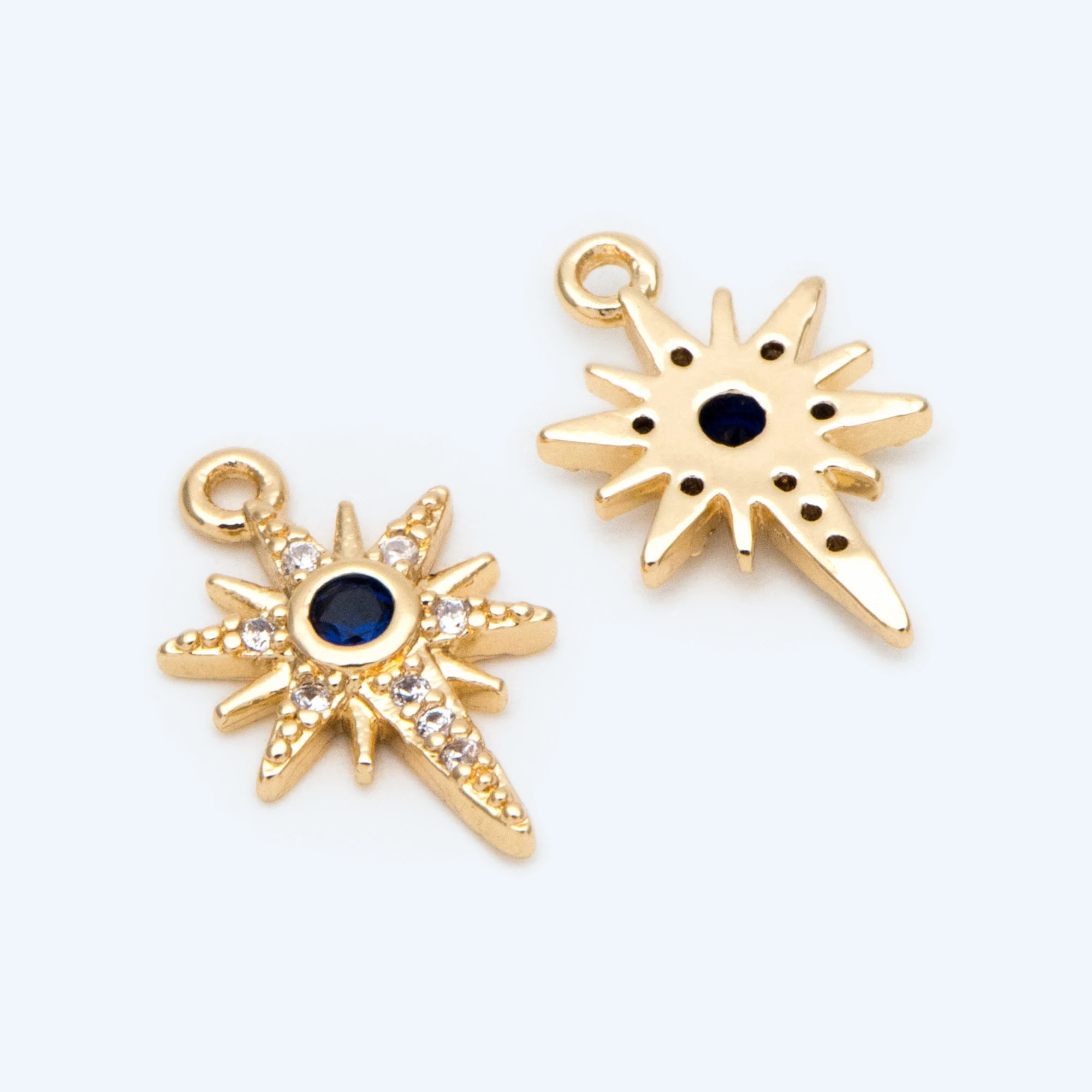 4pcs Gold Plated Brass North Star Charm 14x9mm, Blue CZ Paved Sun Pendants (GB-2626)