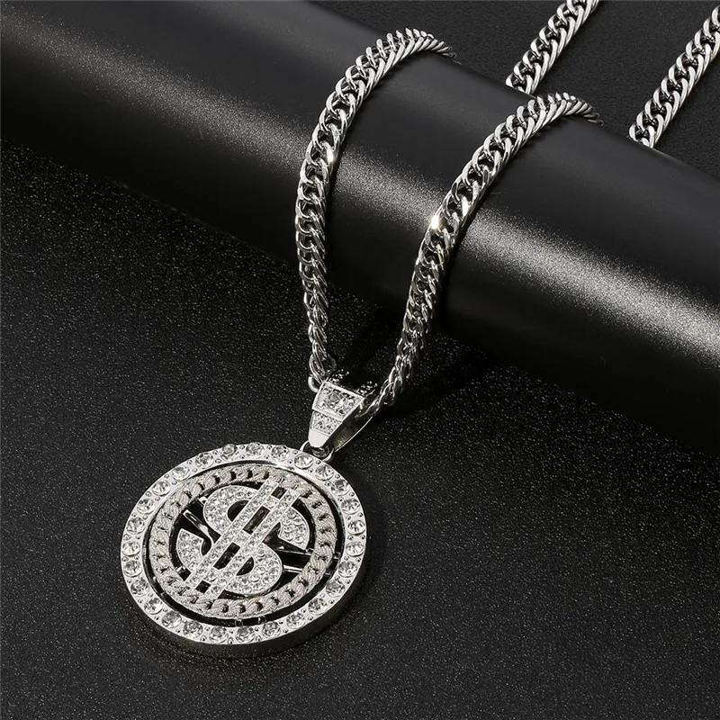 Hip Hop Gold Silver Color Rotating Dollar Pendant Long Necklace Rhinestone Men Boy Jewelry Rotating Disc Necklace Accessories