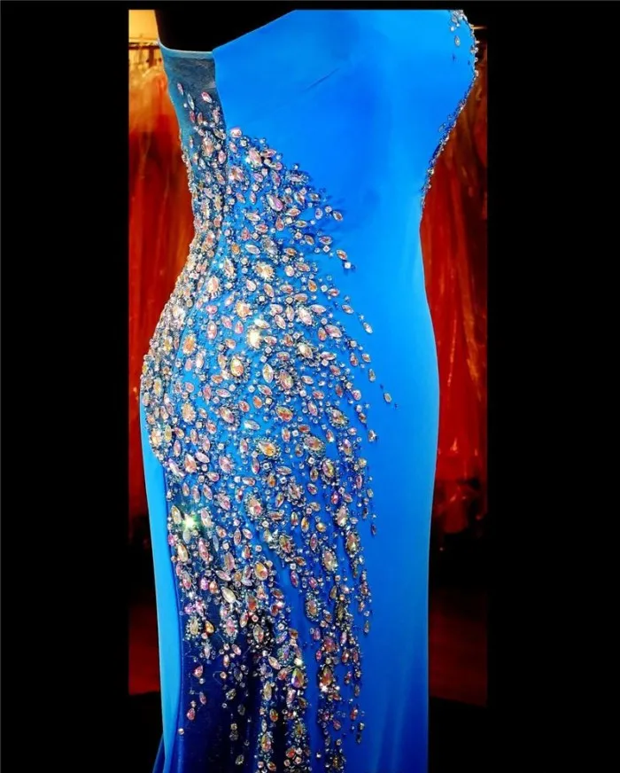 Vestido de fiesta de noche azul con un hombro ajustado, transparente, con cuentas de cristal, cremallera lateral, Sexy, para desfile