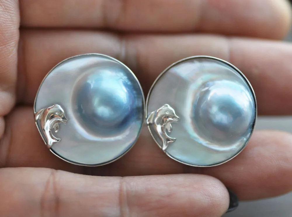 MTC·STAR  Z11032 HUGE REAL 23mm GRAY SOUTH SEA MABE PEARL 925SILVER DOIPHIN EARRING