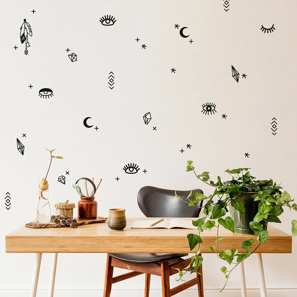 72Pcs Trendy Cute Mystical Charms Wall Decal Kids Room Nursery Eyelash Cross Diamond Moon Dreamcatcher Wall Sticker Playroom