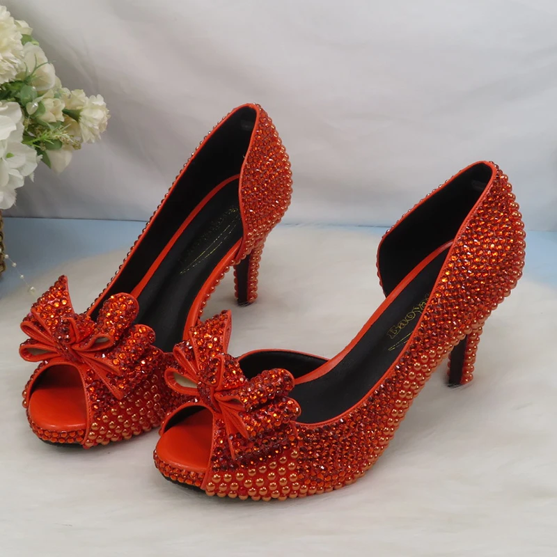 2022 New arrival Orange Crystal Women wedding shoes with matching bags Peep toe High Pumps fashion Open Toe shoes and Purse