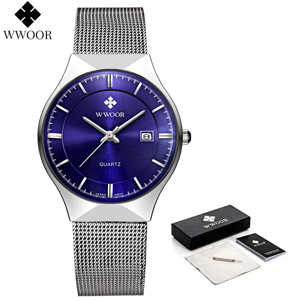 WWOOR Mens Watches Ultra-thin Quartz Auto Date WristWatch Men Top Brand Luxury Stainless Steel Business Waterproof Reloj Hombre