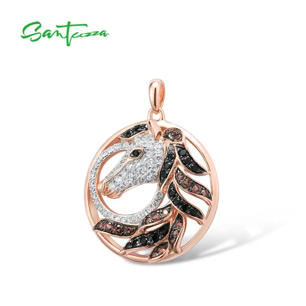 SANTUZZA Silver Pendant for Women Pure 925 Sterling Silver Rose Gold Color Black Brown Horse Trendy Party Pendant Fine Jewelry