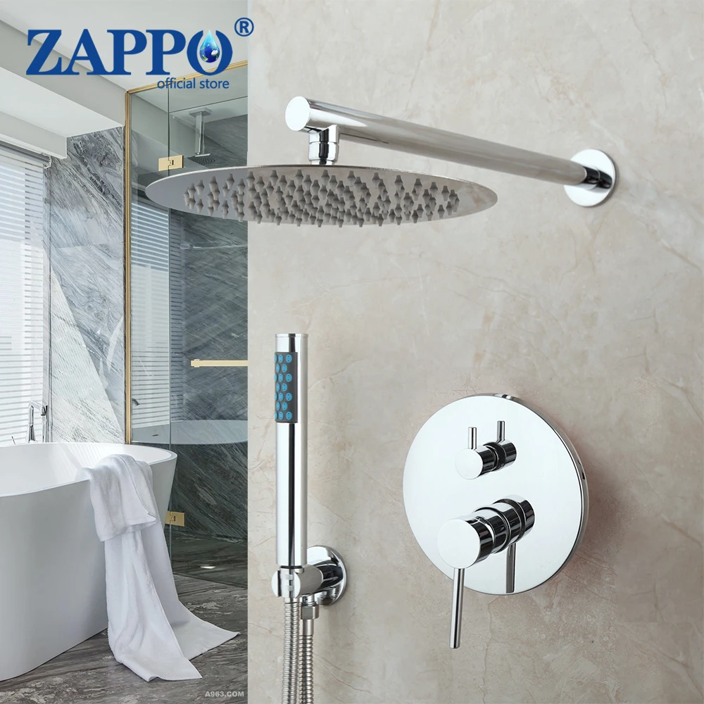 ZAPPO Rainfall Chrome Finished Shower Faucet Set Wall Mount Single Handle Shower Mixer Tap Square Handshower Concealed Install