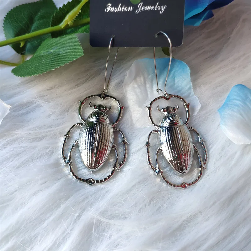 Gothic Giant Silver Colour Scarab Beetle Hoops Earrings Insect Jewelry Fashion Long Pendant Novelty Big Dangle Drop Women Gift