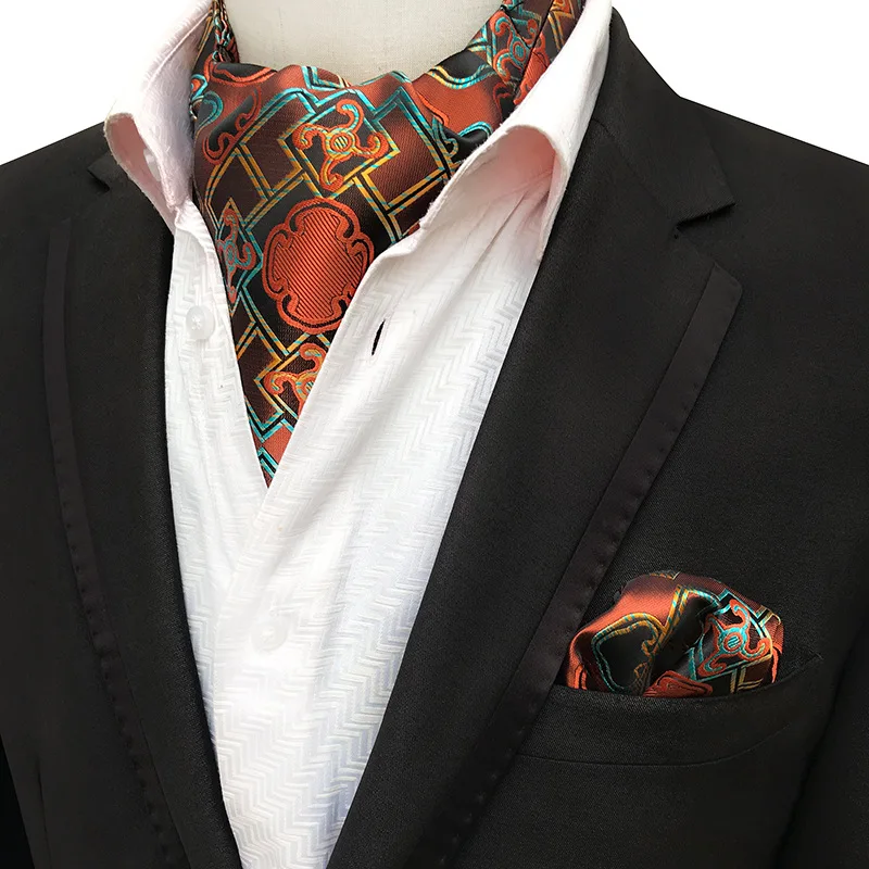 Mans Vintage  Ascot Tie Pocket Square Set Luxury Mans Paisley Flower Cravat Neck Tie Handkerchief Gifts for Men