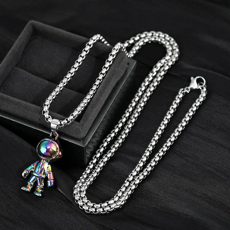 KIOOZOL Cool Rainbow Color Astronaut Pendant Stainless Steel Silver Color Necklace For Men Women hip hop jewelry 295 KO2